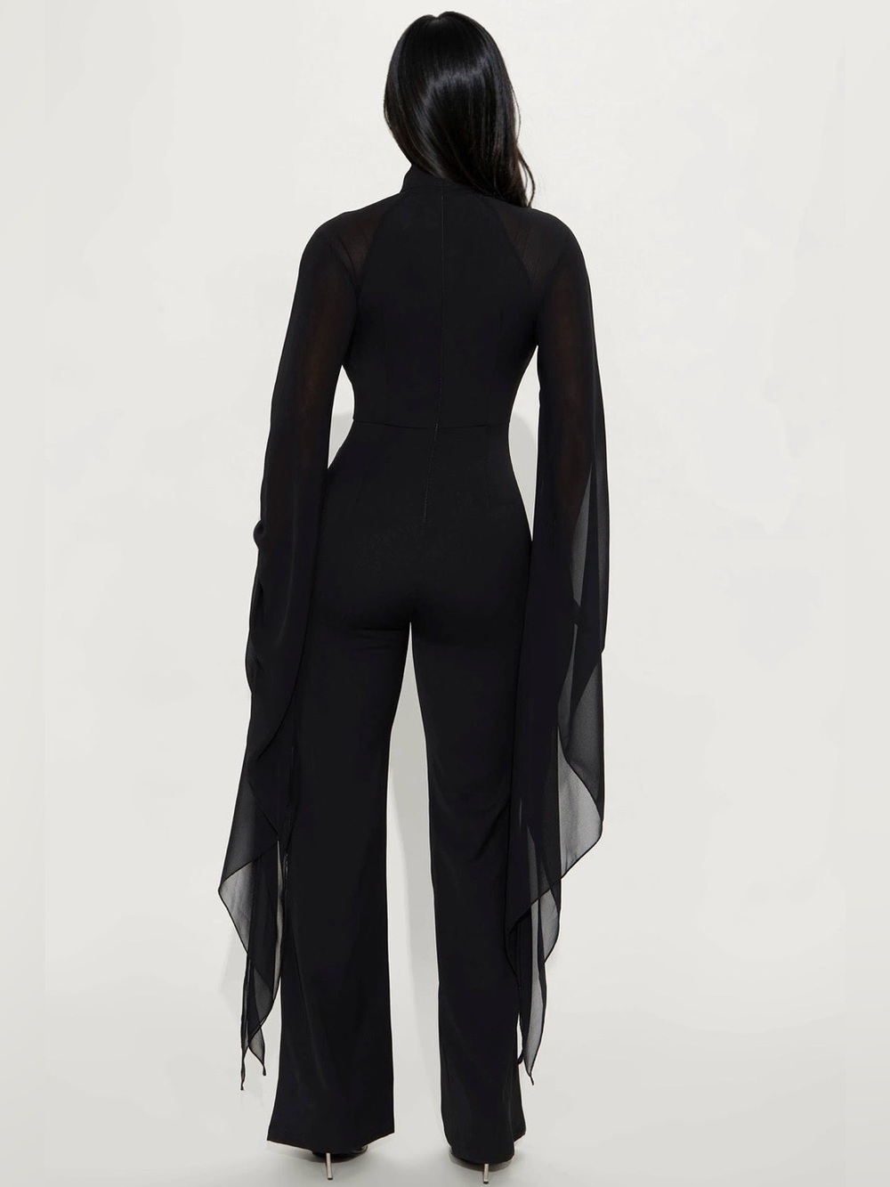 Black Long-Sleeve Chiffon Draped Jumpsuit - Picture 3 of 3